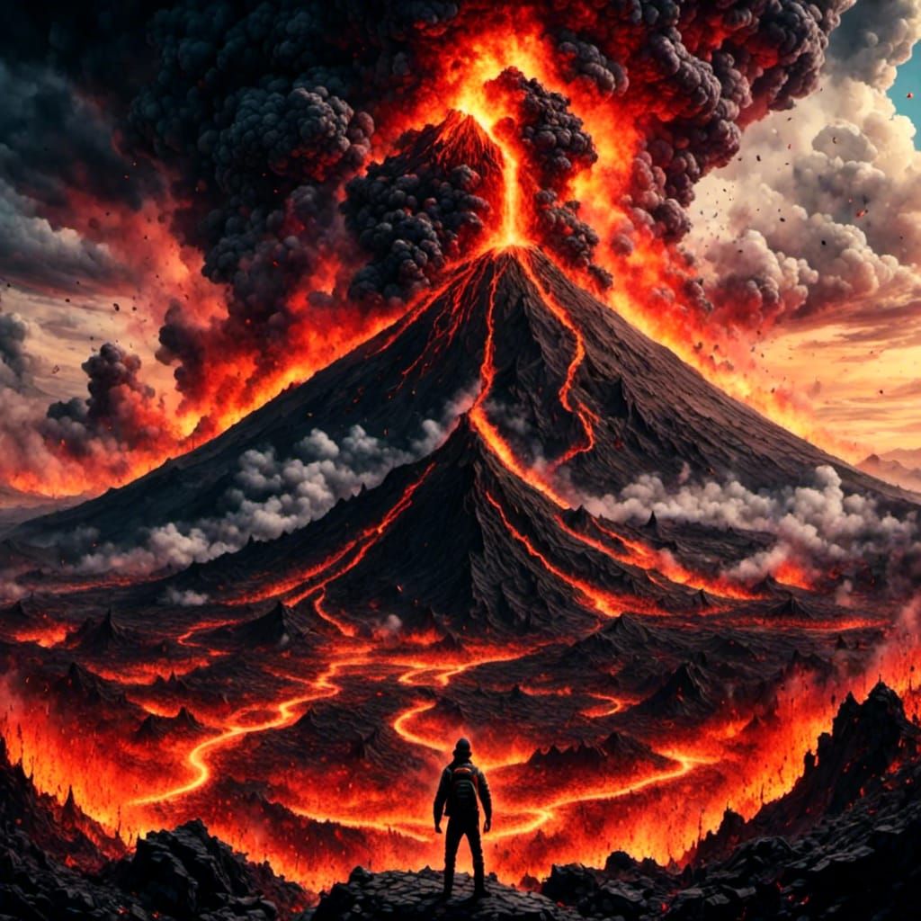 Erupting Volcano Silhouette in Watercolor Style