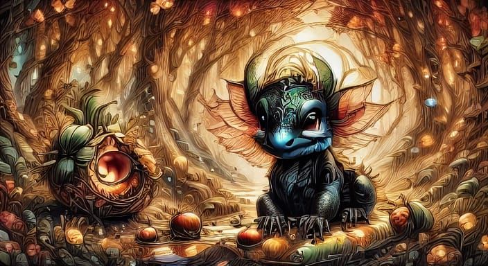 Art Nouveau Autumn Harvest Scene With Playful Goat