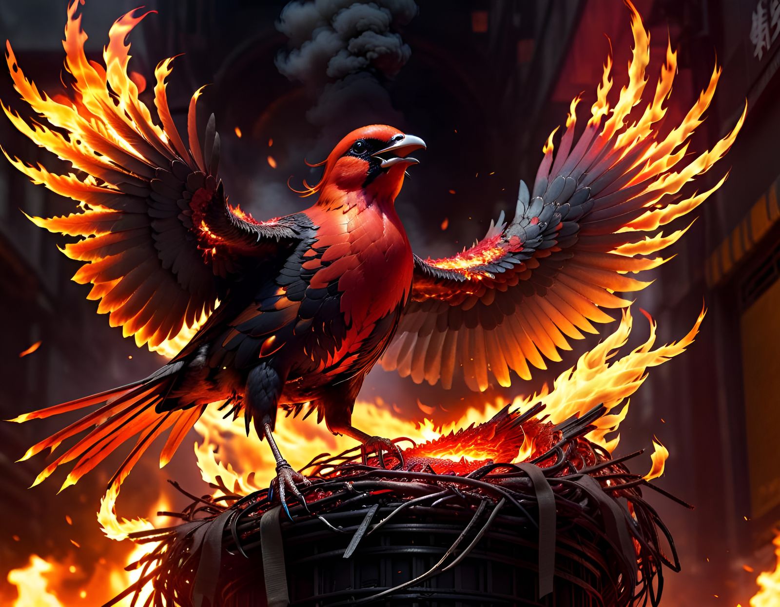 Fiery Bird in Flame Nest: Hyperdetailed Portrait