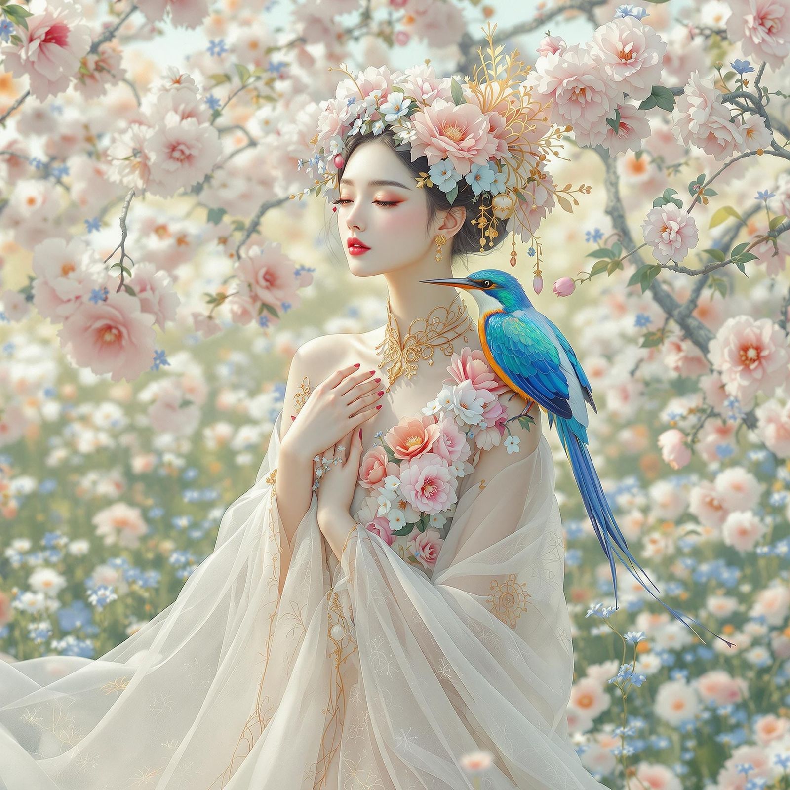 Elegant Ukiyo-e Inspired Goddess with Golden Accents