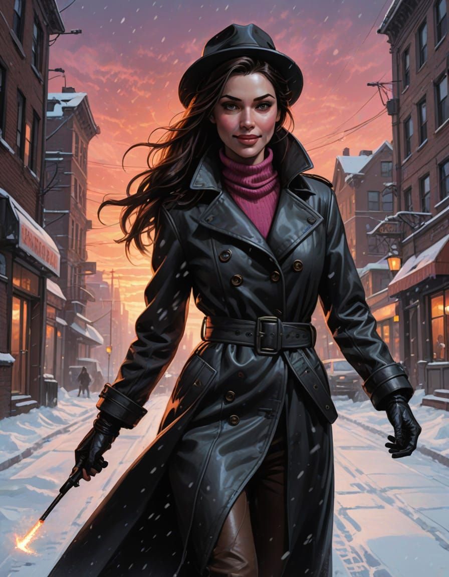 Woman in Leather Trenchcoat Walks Down Snowy Street at Sunse...