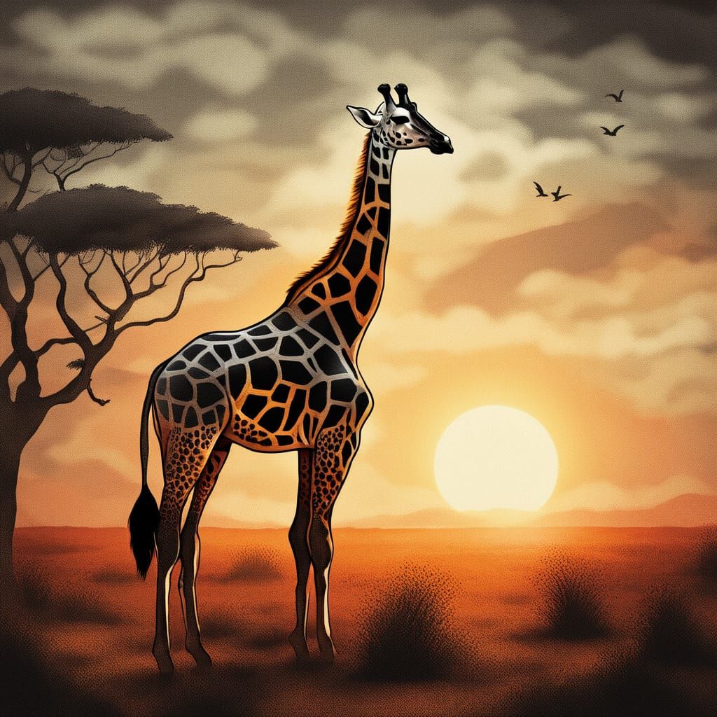 Surreal Giraffe in Savanna at Sunset Oil Painting