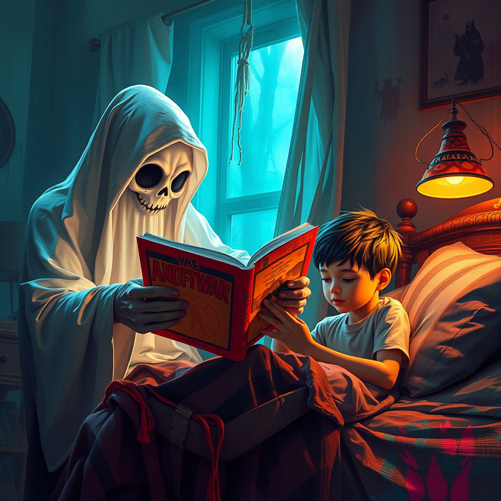 Ghost Reading Comics with Kid: Hyperdetailed Concept Art