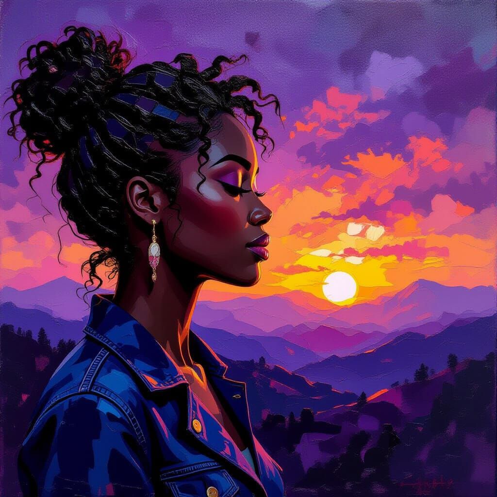 Encaustic Portrait: Black Woman in Rainy Japanese Landscape