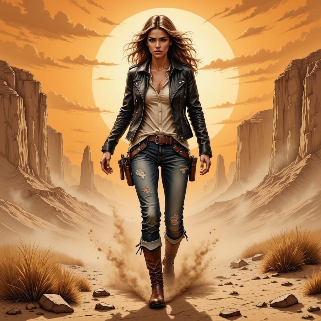 Gritty Cowgirl Storms Across Cracked Earth