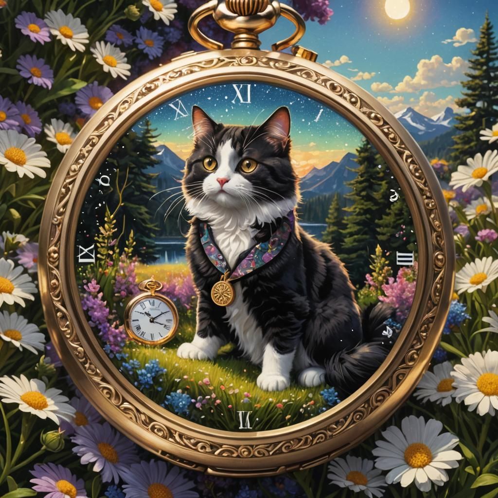 Tuxedo Cat with Pocket Watch in Pointillism