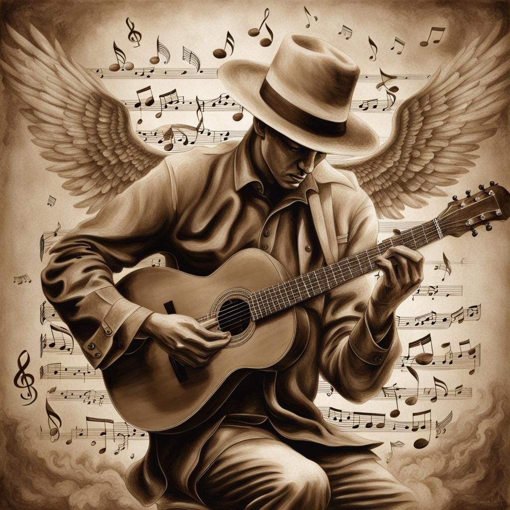 Sepia Illusion: Guitar Player with Flying Notes