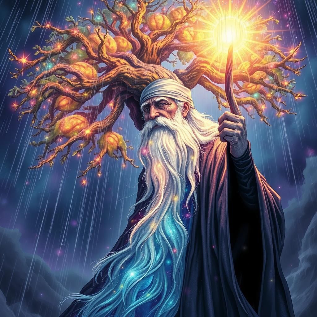 Ethereal Wizard Under Cosmic Willow Tree