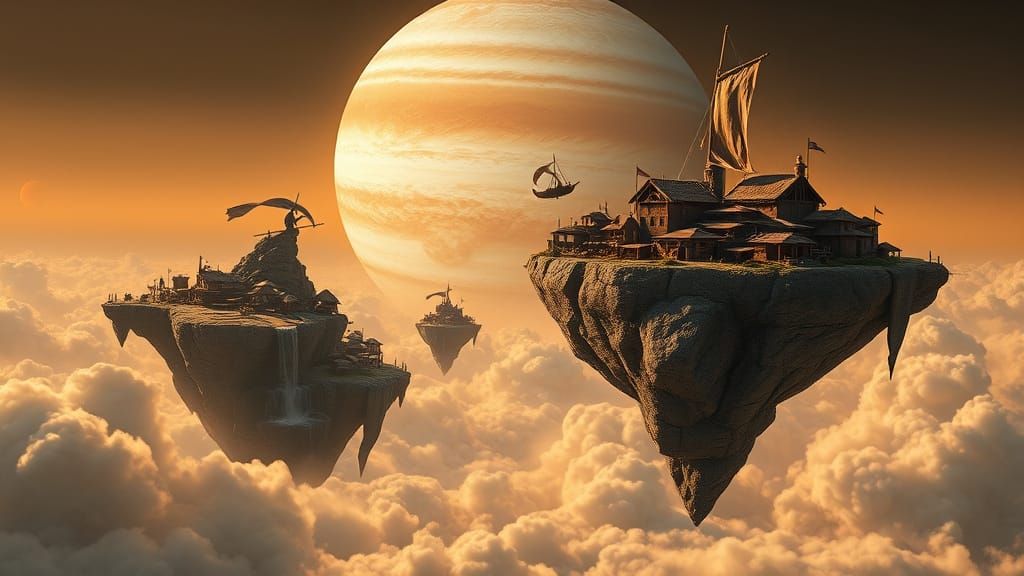 Man Paddles Flying Boat to Island Town Above Jupiter