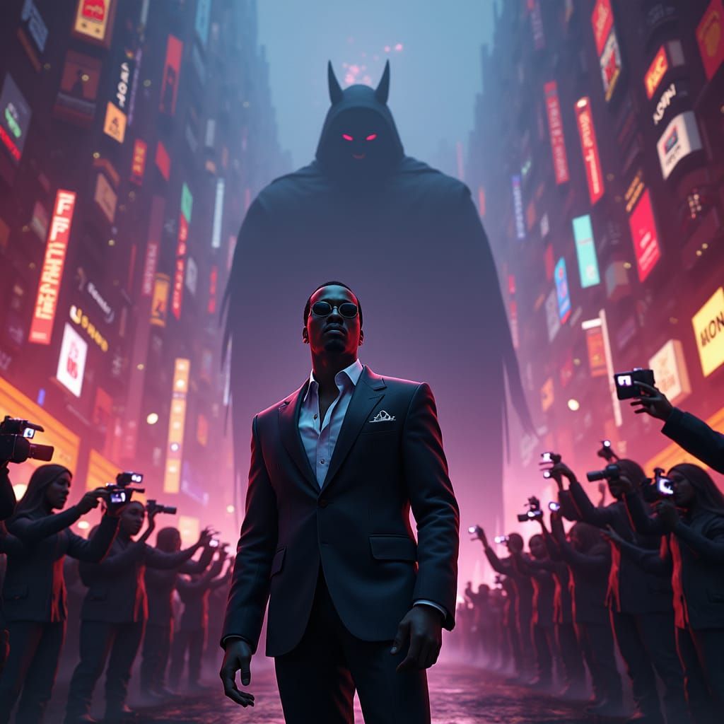 Diddy in Fantastical Cityscape with Ominous Shadow