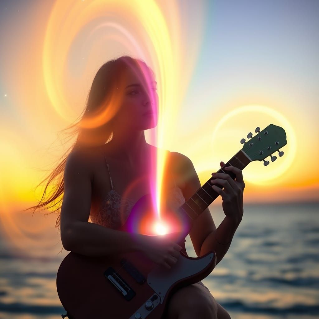 Guitarist on Sunset Coast with Spectral Color Fog