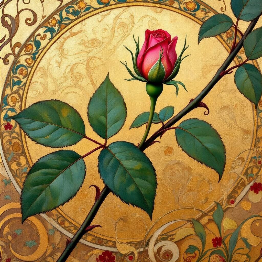 Art Nouveau Rosebud Oil Painting with Gold Leaf Accents