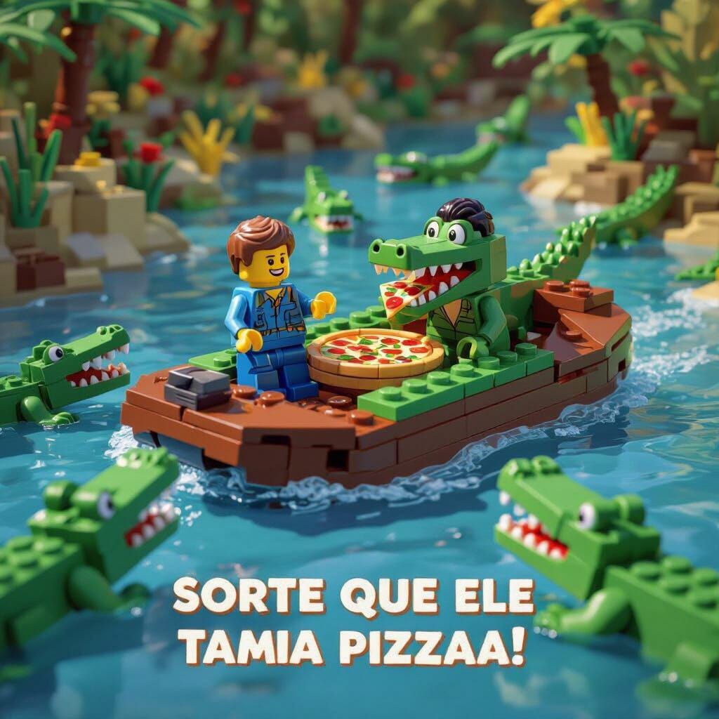 LEGO Raft Attacked by Crocodiles with Pizza Distraction