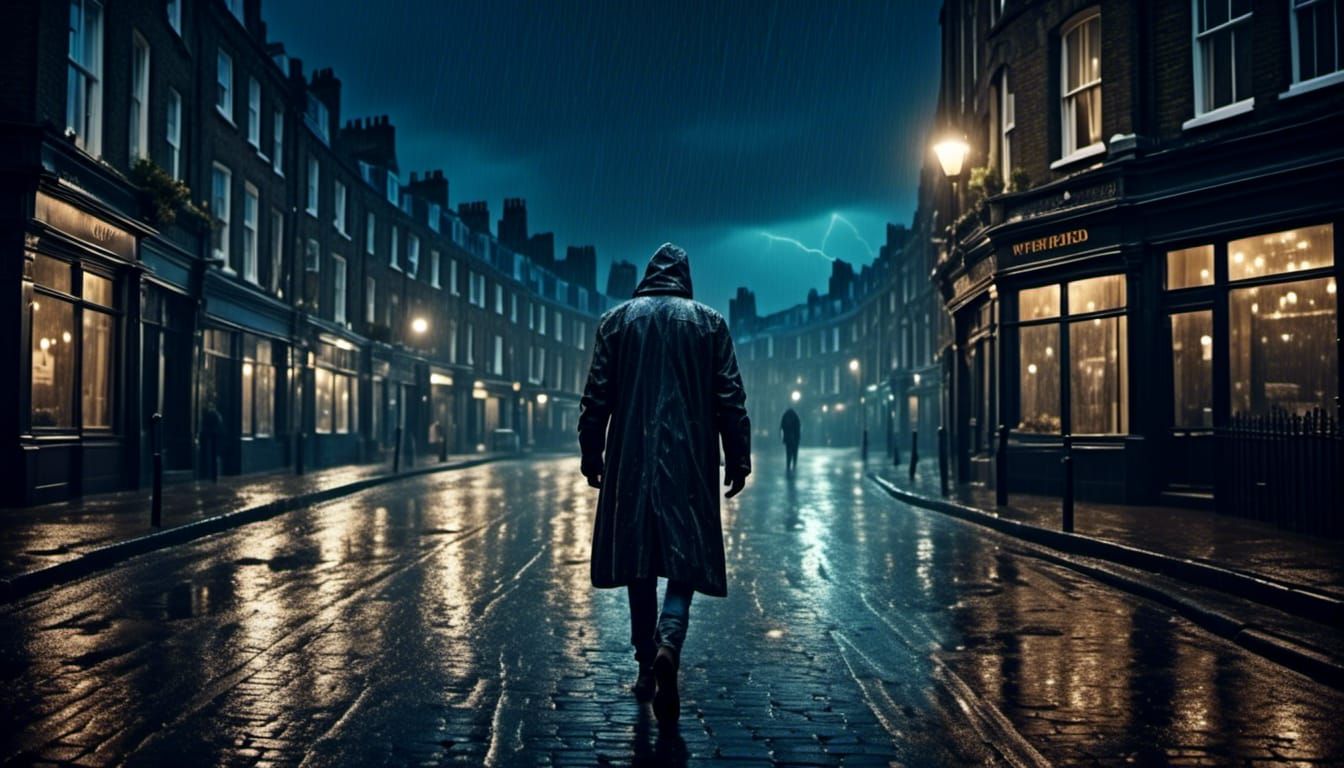 Lonely Man Walks Rainy London Street at Night