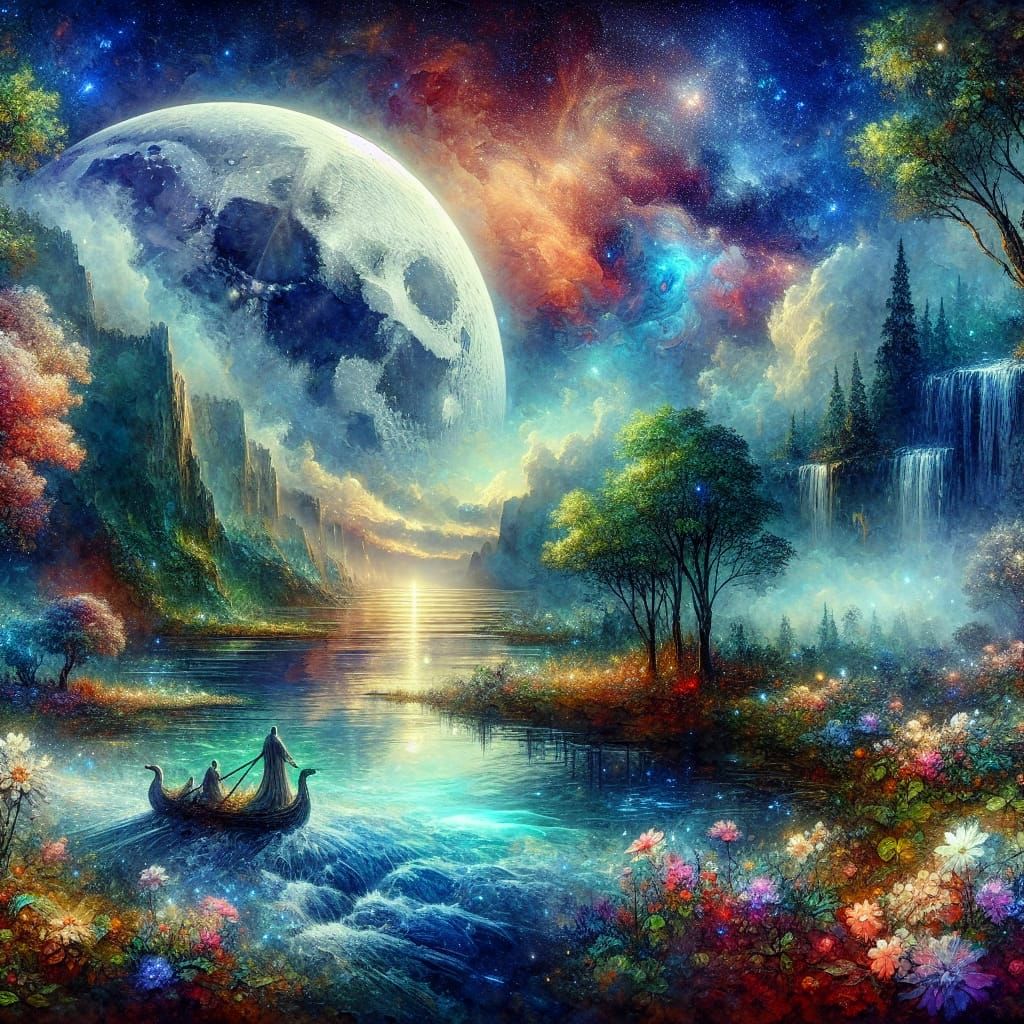 Otherworldly Moon over Lush River Valley as Impasto Painting