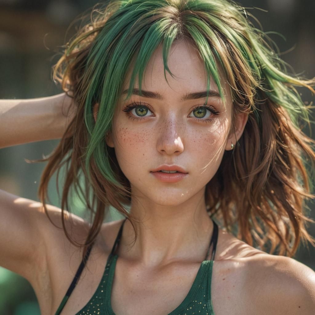 Anime Girl Portrait with Green Highlights in Digital Art