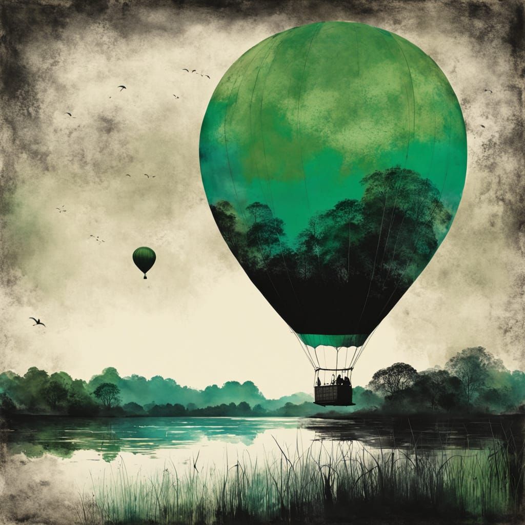 Vintage Green Hot Air Balloon Over Lake in Ink Painting Styl...