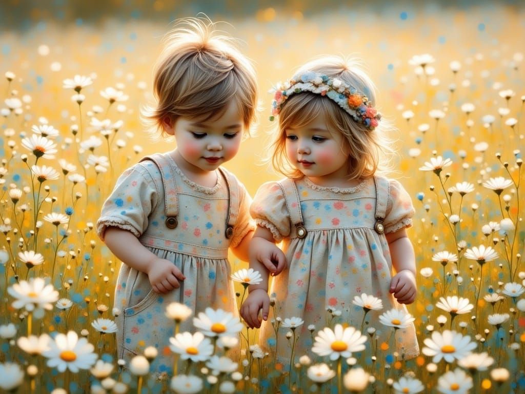 Vintage-Style Toddler Siblings Amidst White Wildflowers