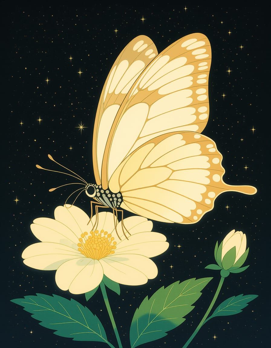 Vintage Anime Butterfly on Flower with Glowing Wings
