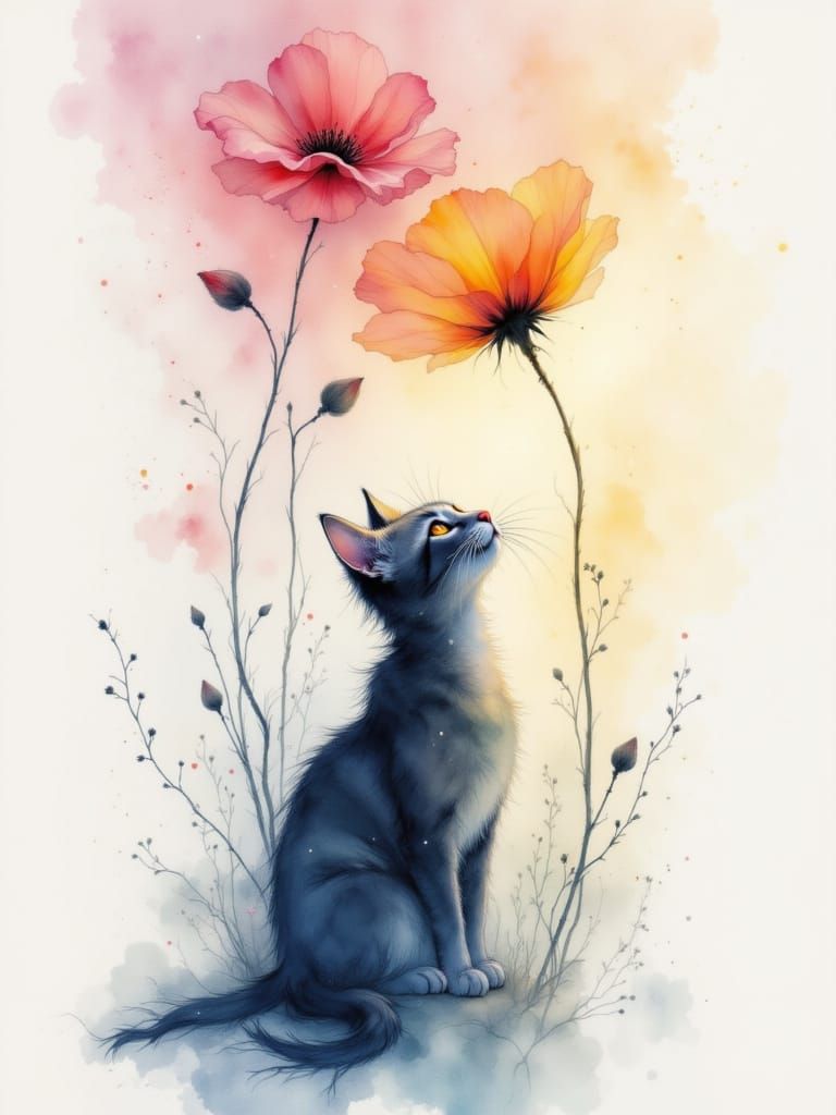 Adorable Cat in Flower Field with Luminous Watercolor Style