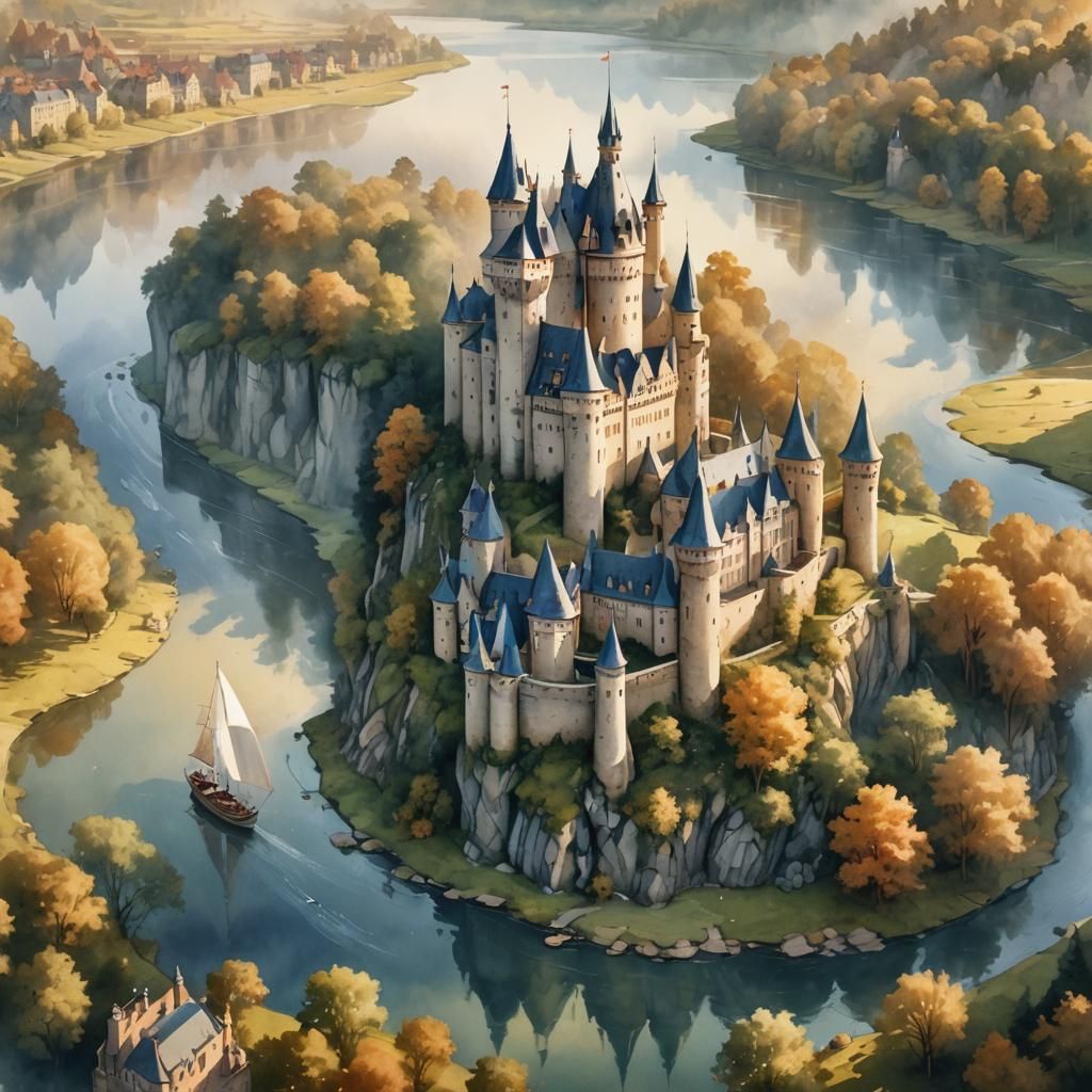 Dreamlike Castle on River in Illustrative Style