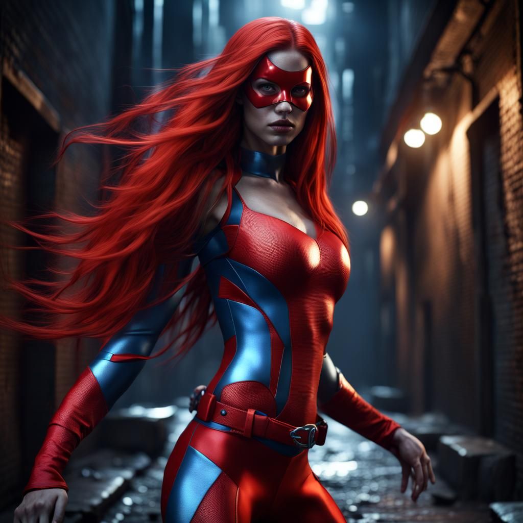 Red-Haired Superheroine in Dark Alley, Digital Art