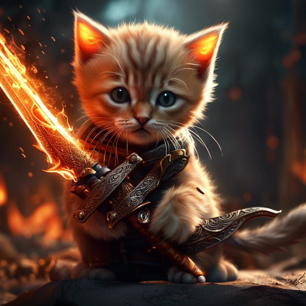 Kitten Warrior with Flaming Sword: Fantasy Art