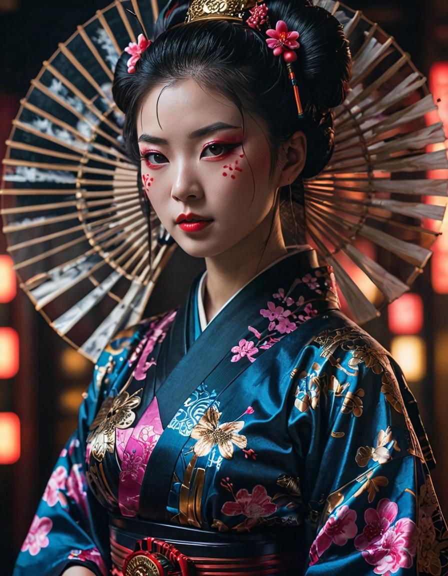 Cyberpunk Geisha Portrait in Neon-Infused Ink Style