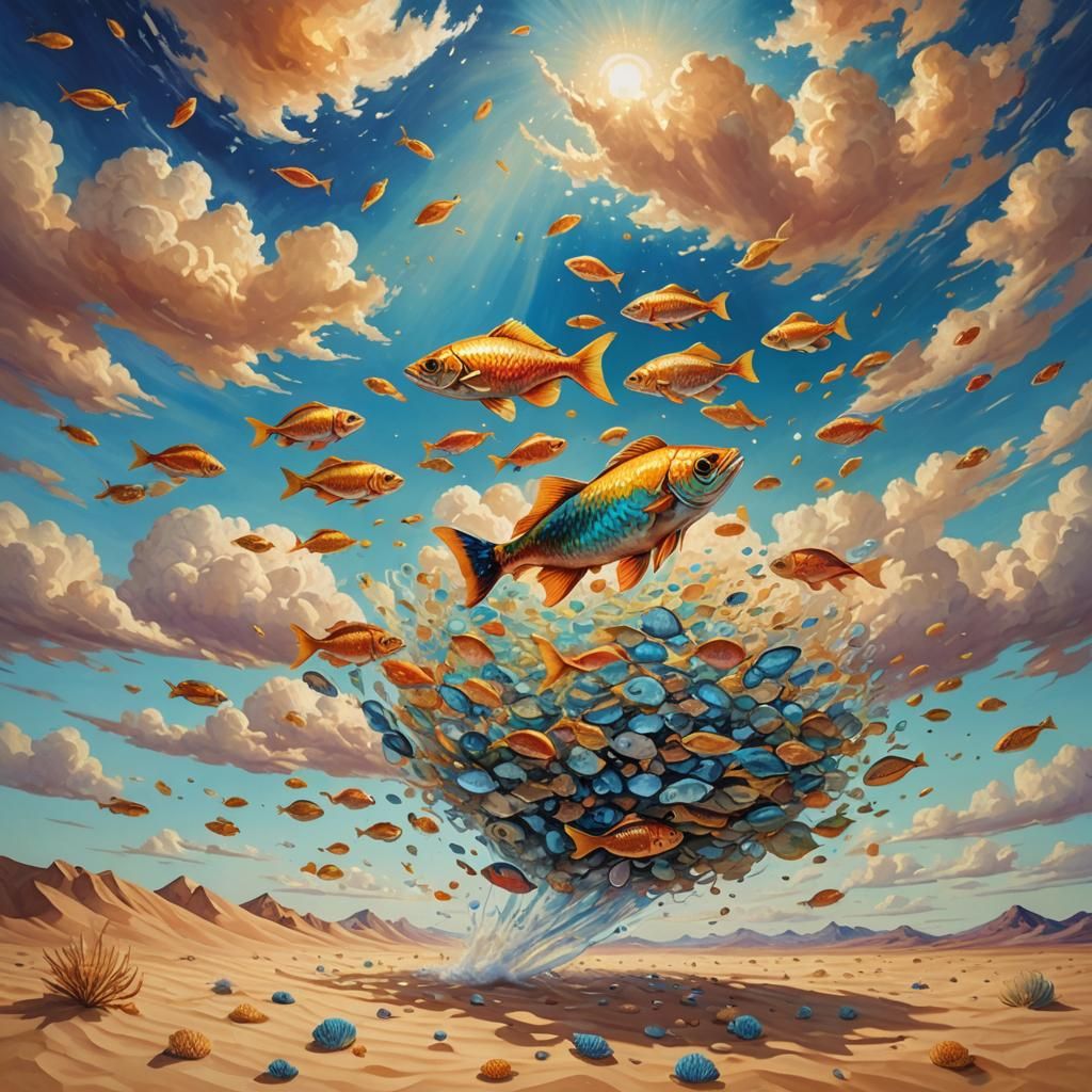 Fish Swimming in Sky: Surreal Oil Painting