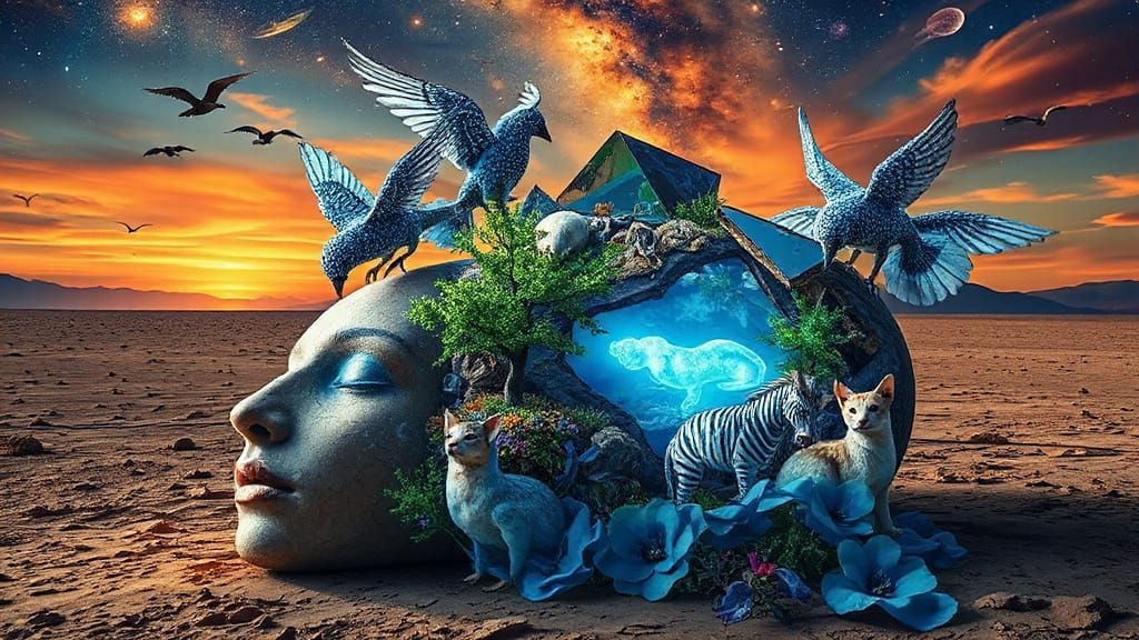 Surreal Earth Sculpture With Bioluminescent Oasis and Cosmic...