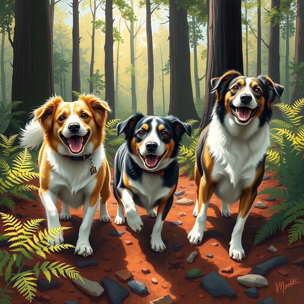 Playful Dogs in a Sun-Dappled Forest