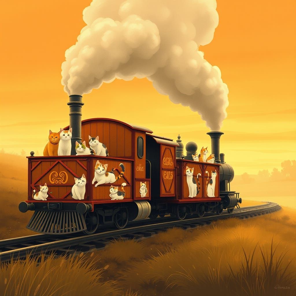 Majestic Steam Train Adorned with Whimsical Cat Illustration...