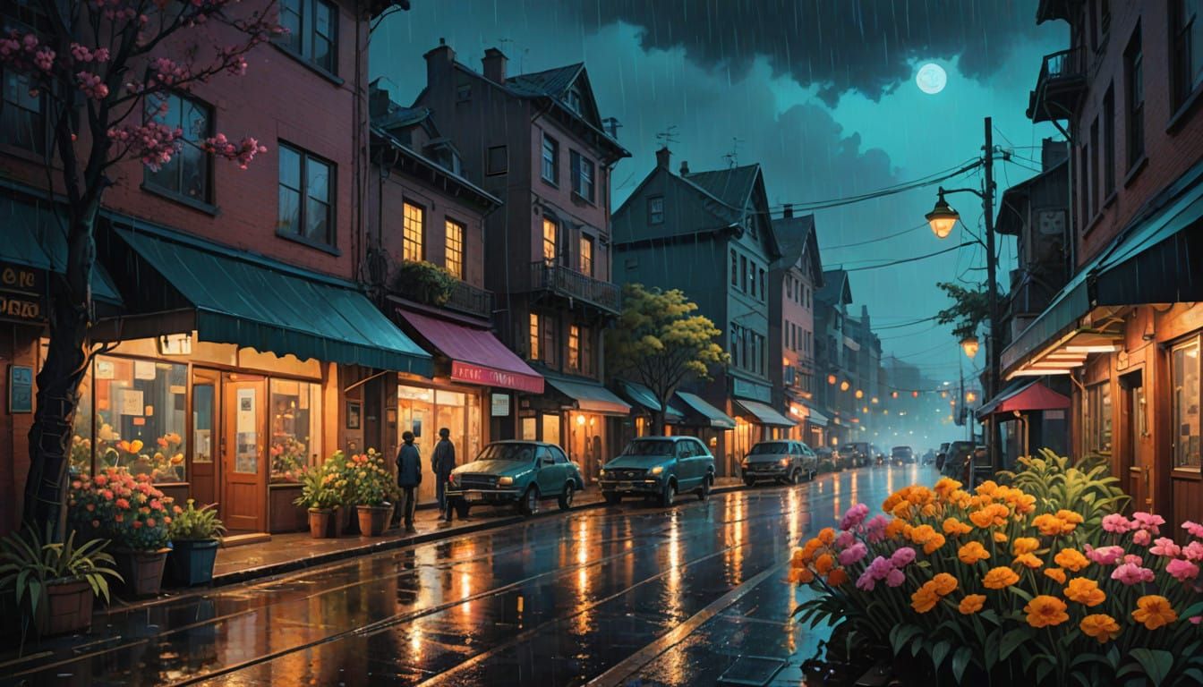 Ethereal Post-Impressionist Watercolor of a Rainy Night