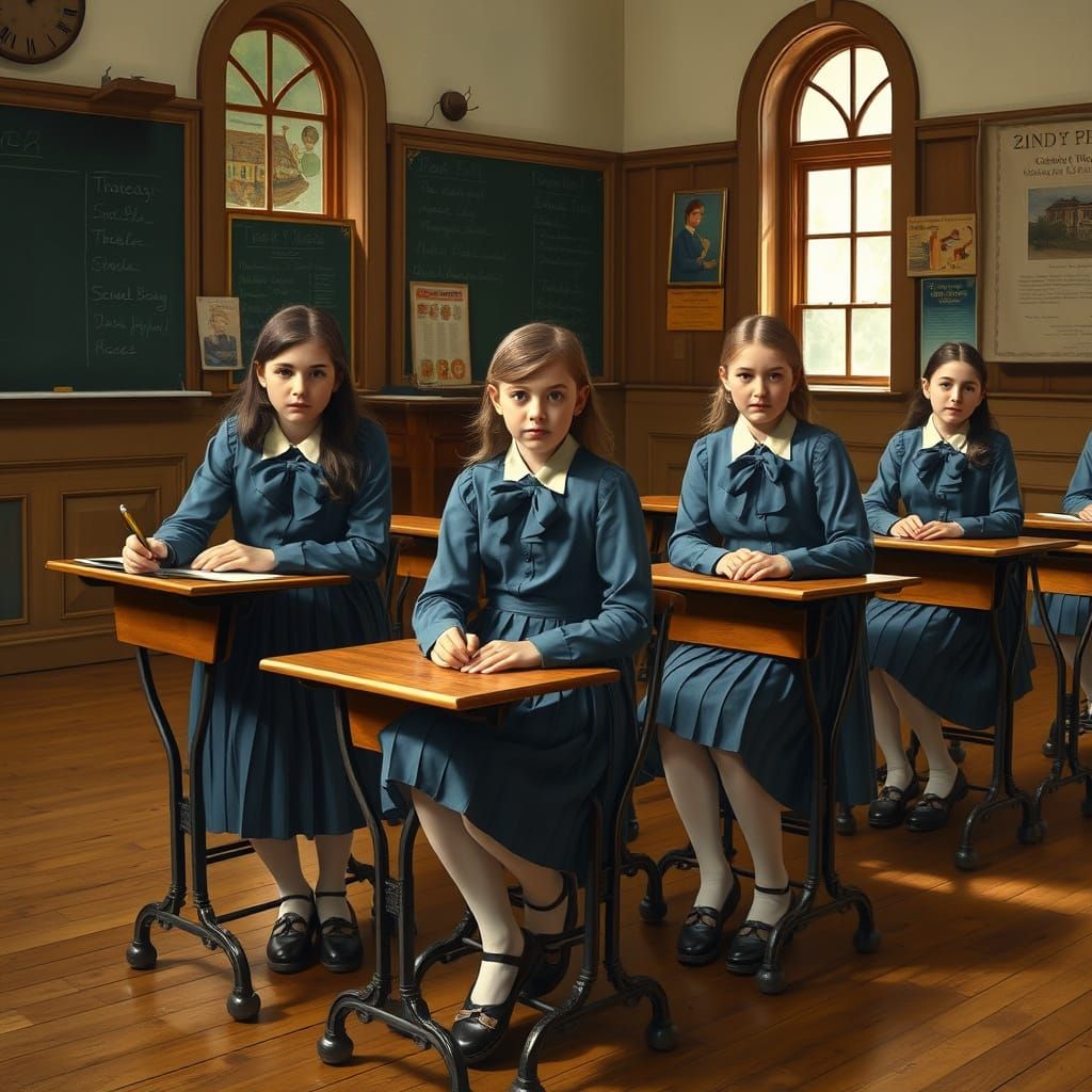 Victorian-Inspired Schoolgirls in Warm, Classic Classroom