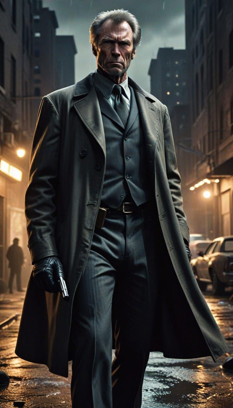 Intense Noir Detective Comic Book Art of Clint Eastwood as C...