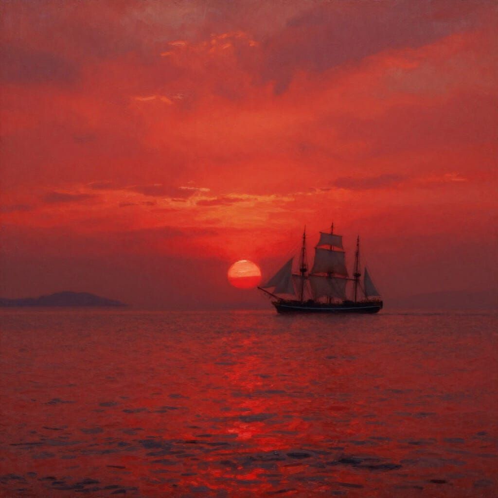 Impressionist Seascape with Red Sunset and Clipper Ship