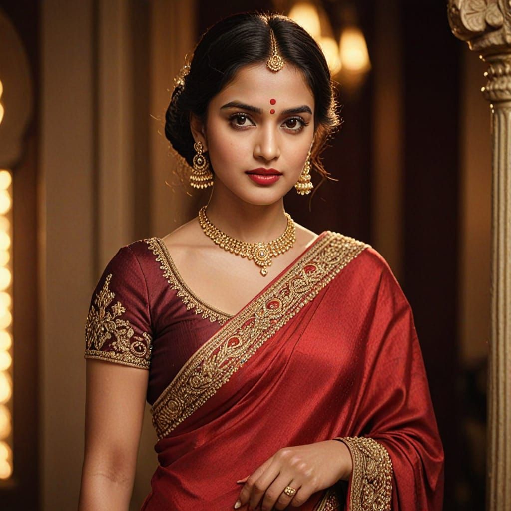 Confident Woman in Red Saree with Dramatic Lighting