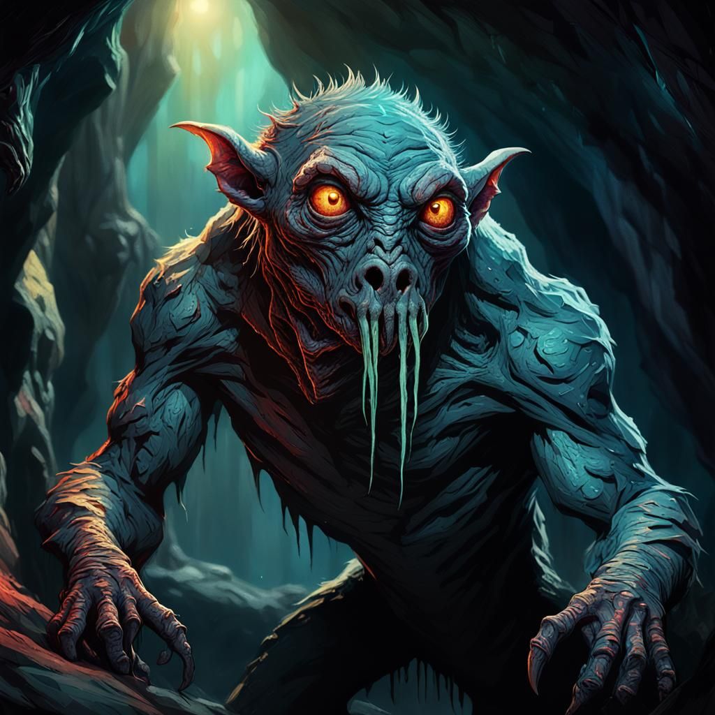 Eerie Dark Fantasy Creature in Dimly Lit Cavern
