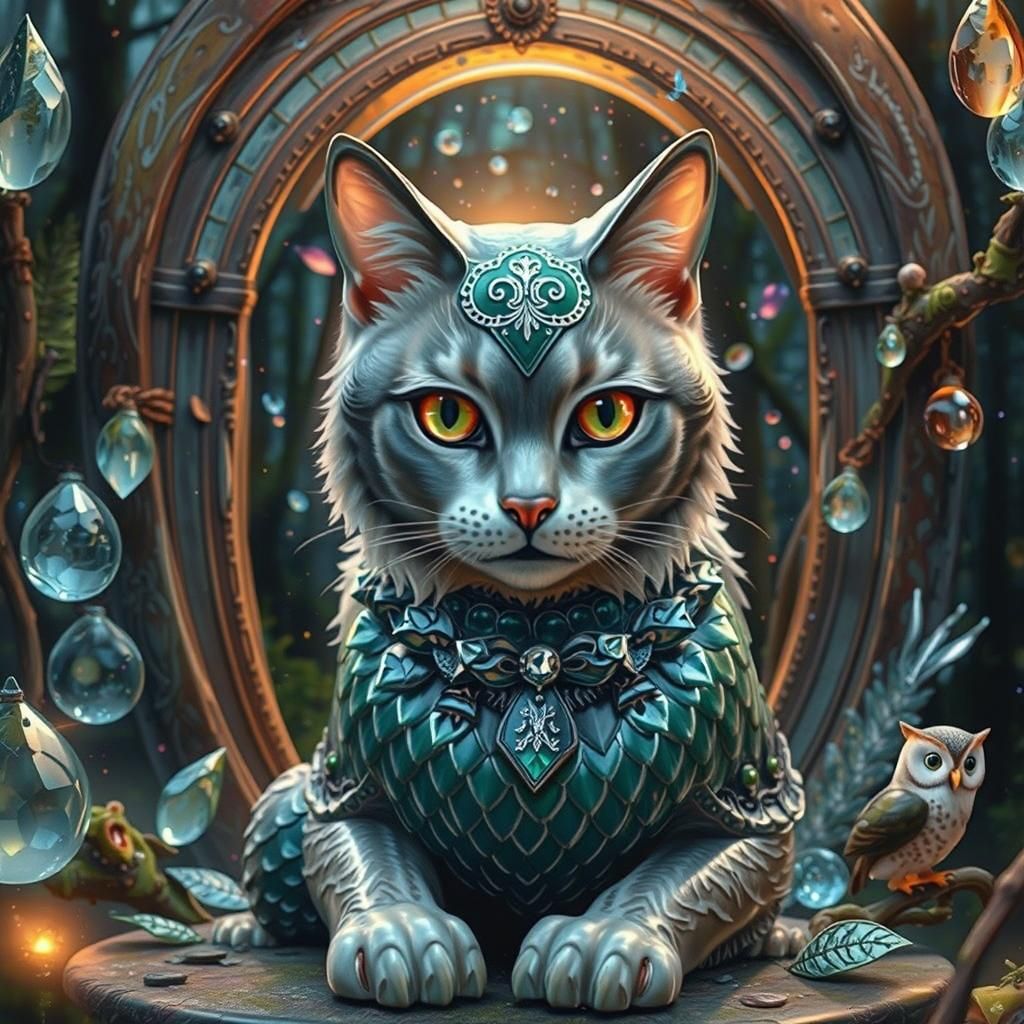 Enameled Glass Cat and Owl in Regal Pose