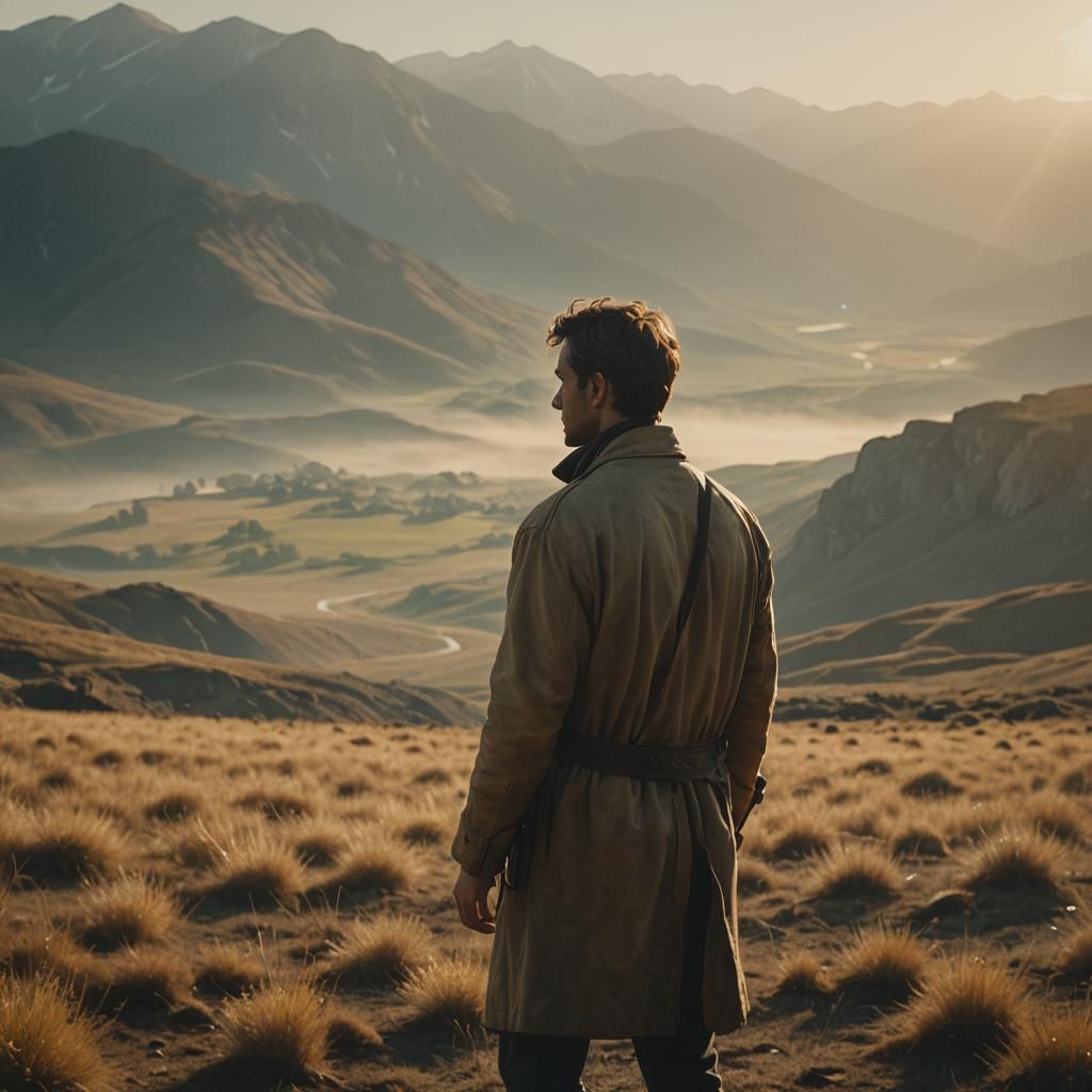 Heroic Figure in Dramatic Landscape, Cinematic Still