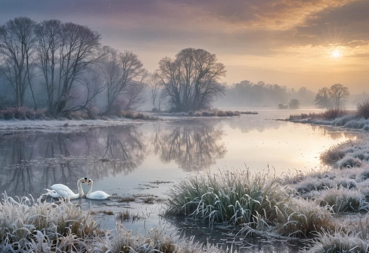 Swans on Misty Lake: Watercolor Landscape