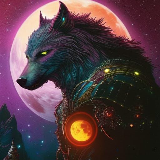 Ethereal Werewolf Transformation: Cyberpunk Digital Art