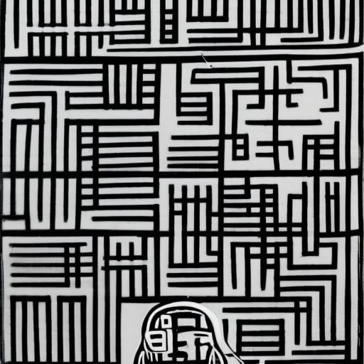 Meditators on Skateboard in Cave, Black and White Linocut