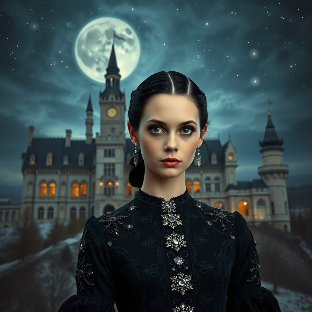 Wednesday Addams Portrait at Neuschwanstein Castle