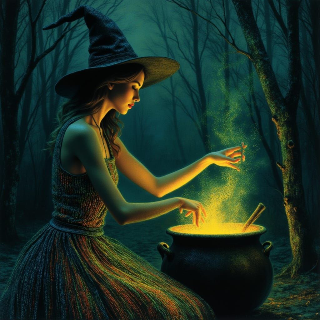 Whimsical Witch Brews Binary Code in Digital Forest