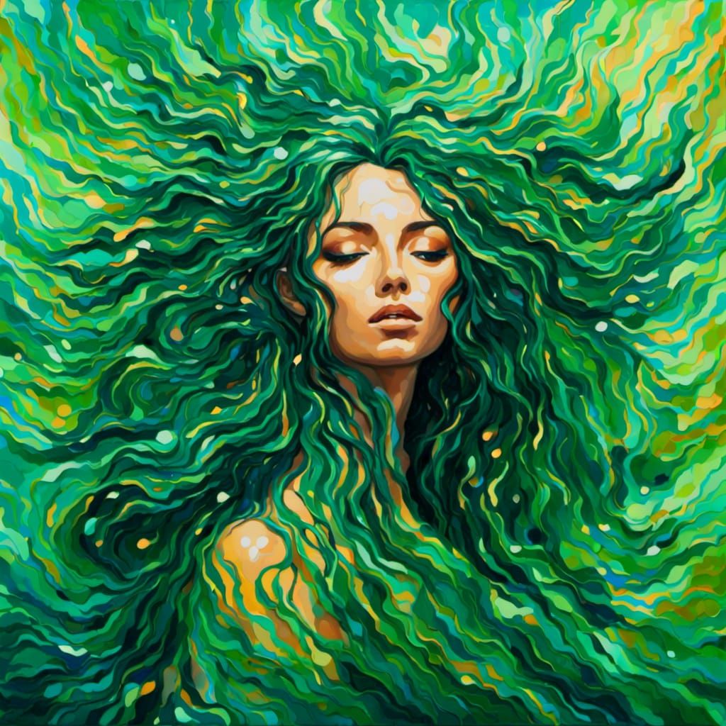 a stunning portrait of a beautiful water nymph with long swi...