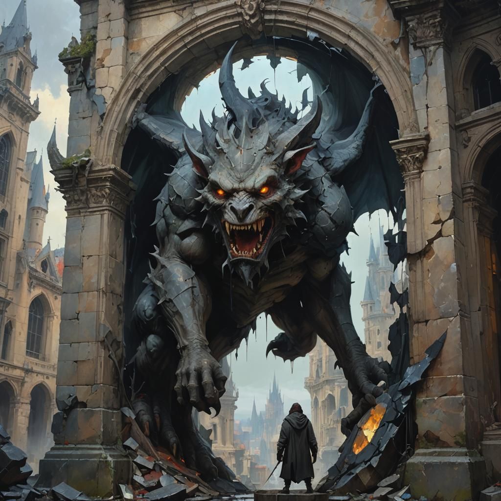 Gargoyle Creature Emerges in Dark Fantasy Oil Painting