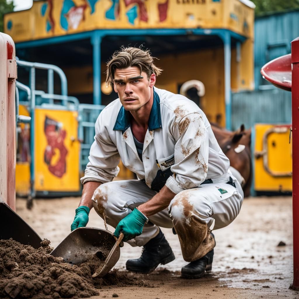 Zane Holtz as Janitor Scooping Manure