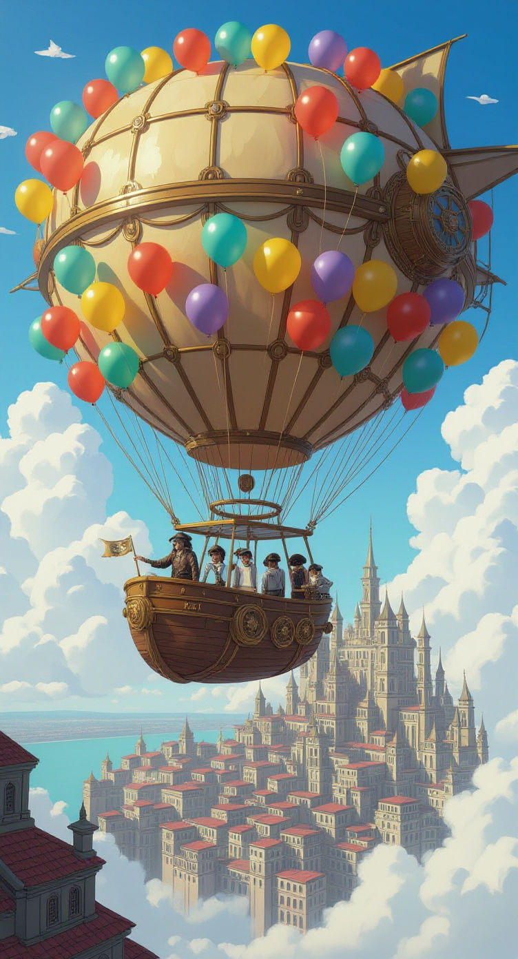 Steampunk Pirates Soaring Above Anime City