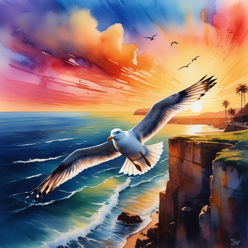 Seagull Over Ocean Sunset: Graffiti Art Watercolor